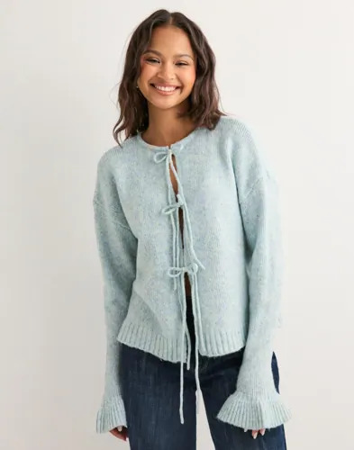 Pieces Blå Pcjimma Ls O Neck Tie Knit Cardigan