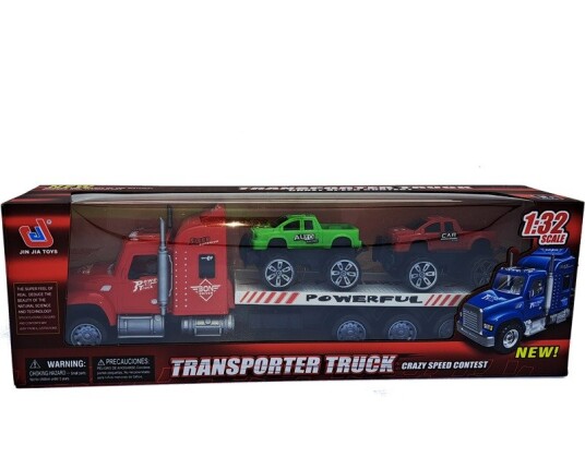 Friksjonsdrevet transporter lastebil i rød med 2 pick-up lekebiler 38 cm lang