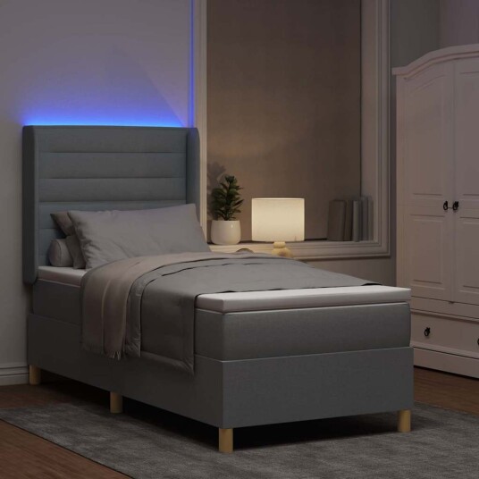 Box Spring Seng med Madrass & LED Lys Grå 100x200 cm Stoff