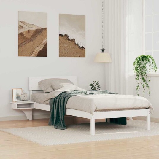 Sengeramme med nattbord Hvit 80 x 200 cm Heltre furu Sengeramme med nattbord Hvit 80 x 200 cm Heltre furu