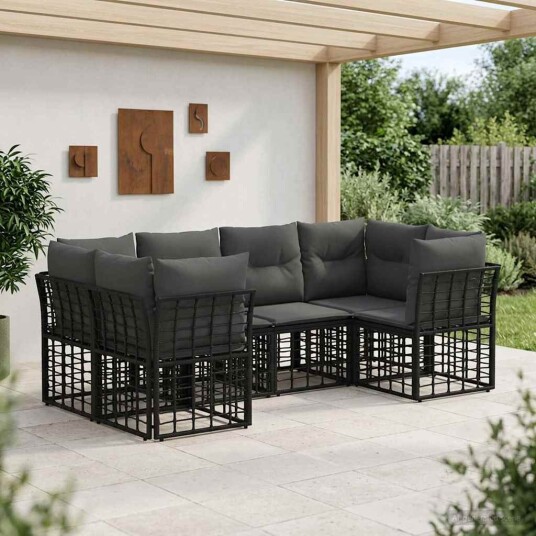 vidaXL Utendørs sofa sett med pute 6 pcs Svart Polyester