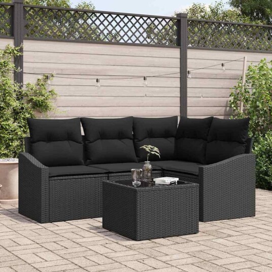 vidaXL Hagesofa Set med pute med lagring 5 pcs Svart polyrotting