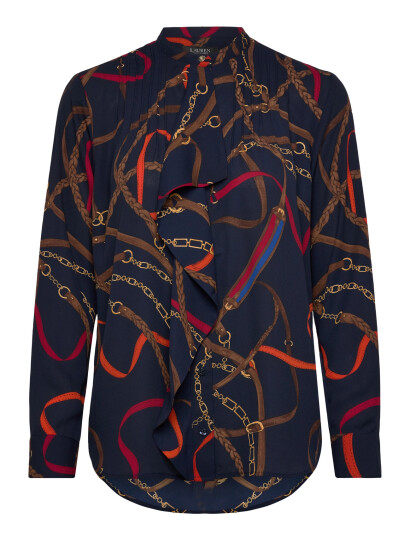 Lauren Ralph Lauren Print Ruffle-Trim Georgette Shirt - Navy - XS