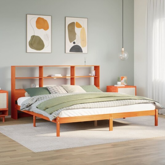  Seng med bokhylle uten madrass voksbrun 200x200 cm heltre furu 8721158603968