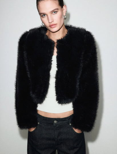 Mango Faux-Fur Cropped Jacket - Black - XL Mango Faux-Fur Cropped Jacket - Black - XL