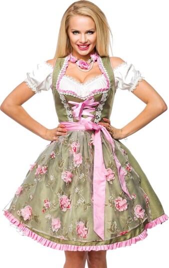 Grønn Dirndl Oktoberfestkjole i Luksuskvalitet med Utformet Blomster på Forkle Strl XL