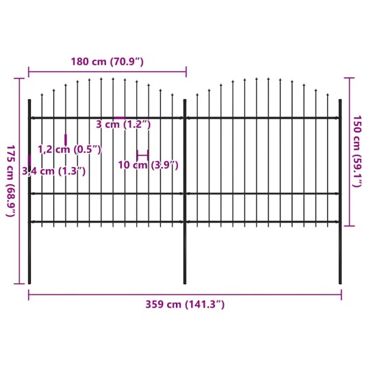 Hagegjerde med spydtopp stål (1,5-1,75)x3,4 m svart