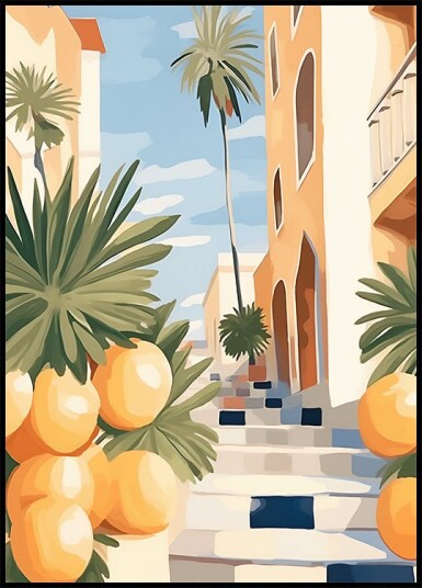 Sunny Citrus Street Mediterranean Village Steps Plakat Plakat / 21x30cm