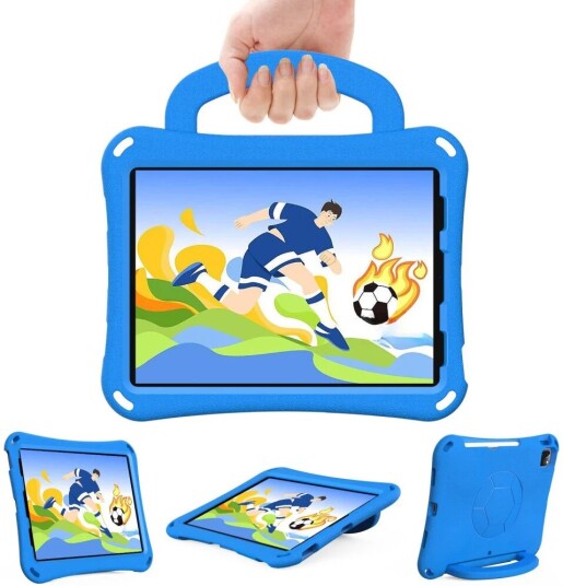 EIDERWOOD iPad Air 10.9" 2022 / 2020 / Pro 11" 2024-2018 Barnedeksel - Fotball - Stativ og Håndtak - Blå EIDERWOOD iPad Air 10.9" 2022 / 2020 / Pro 11" 2024-2018 Barnedeksel - Fotball - Stativ og Håndtak - Blå