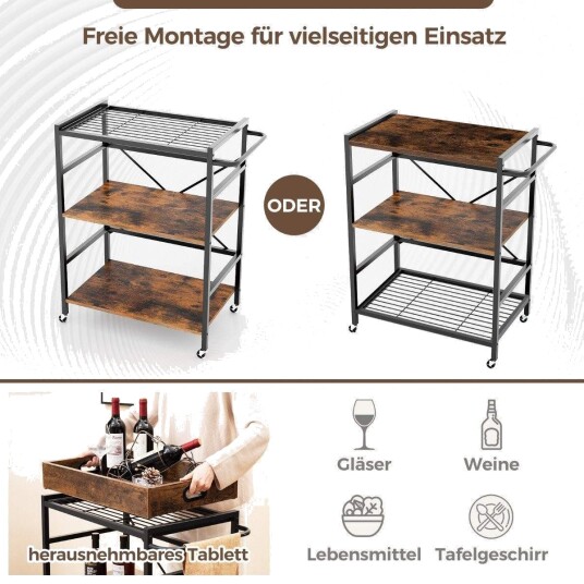 3-lags serveringsvogn kjøkkenvogn med avtakbart brett og håndtak 73 x 40 x 94 cm brun + svart 3-lags serveringsvogn kjøkkenvogn med avtakbart brett og håndtak 73 x 40 x 94 cm brun + svart