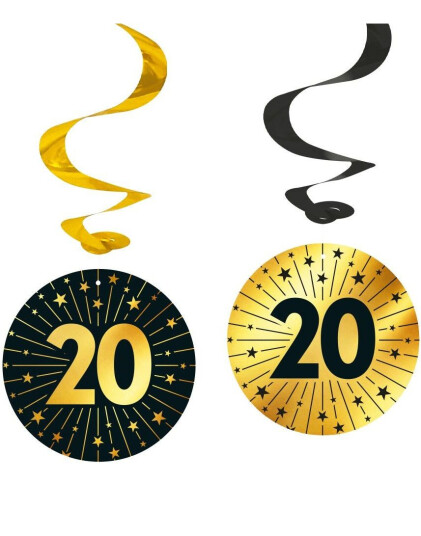 4 stk 20-Års Bursdag Hengende SwirlSvart og Gull