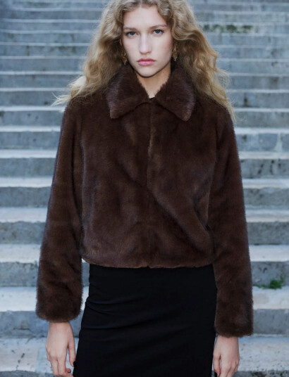 Mango Faux Fur Jacket With Lapels Brown XL Mango Faux Fur Jacket With Lapels Brown XL