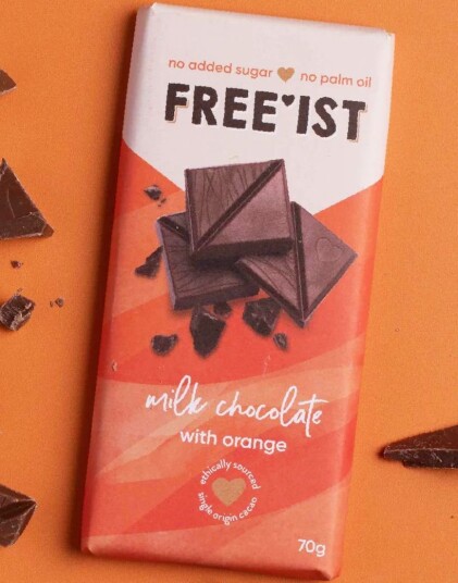 Free’ist Melkesjokolade med Appelsinsmak Uten Tilsatt Sukker 70 gram