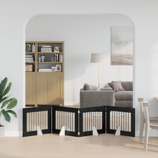 Vidaxl Foldbar Hundegitter Med Stativer 4 Stk. Svart Eik 321 cm