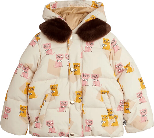 Mini Rodini Kittens Aop Faux Fur Collar Puffer Cream 128/134