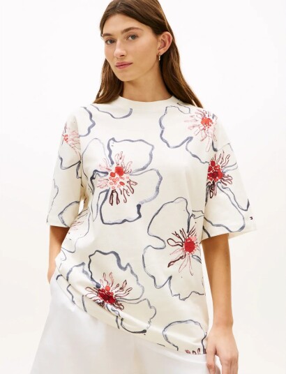 Tommy Hilfiger Flower Graphic Rlx C Nk Ss Tee Cream M