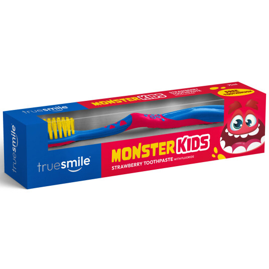 Barnetannkrem TRUESMILE Monster Kids Strawberry 75ml + Tannbørste Barnetannkrem TRUESMILE Monster Kids Strawberry 75ml + Tannbørste