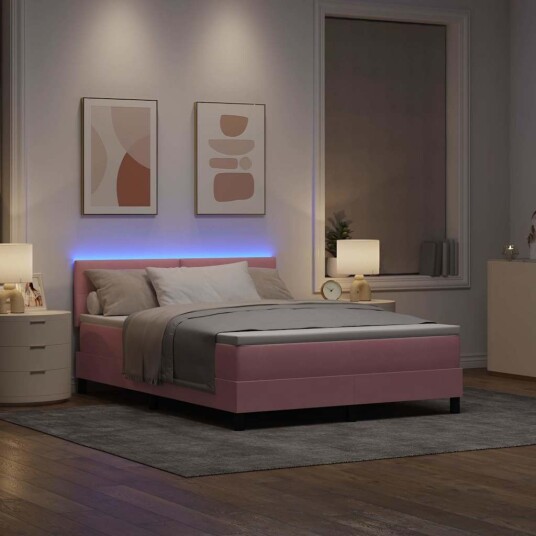 Box Spring Seng med Madrass & LED Rosa 140x200 cm Fløyel