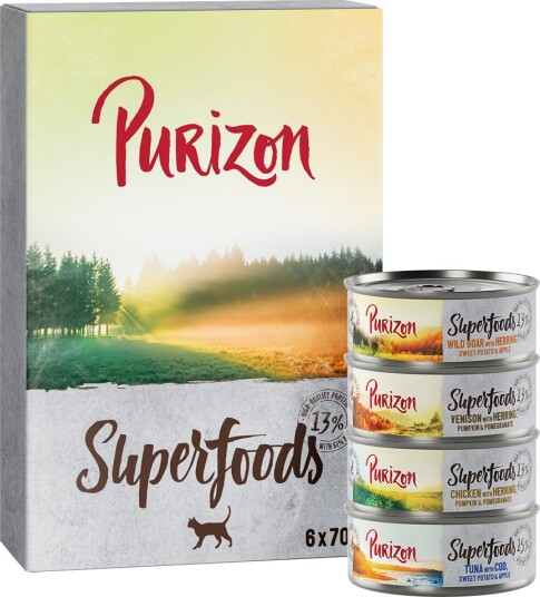 Purizon Våtfôr Superfoods Mixpakkke 2Xkylling 2Xtunfisk 1Xvillsvin 1Xvilt 6 X 70 G