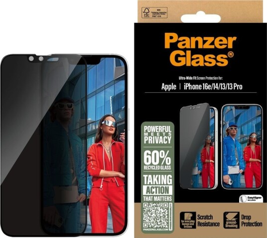 PanzerGlass Privacy Skjermbeskytter for iPhone 16e/14/13/13 Pro - Ultra-Wide Fit