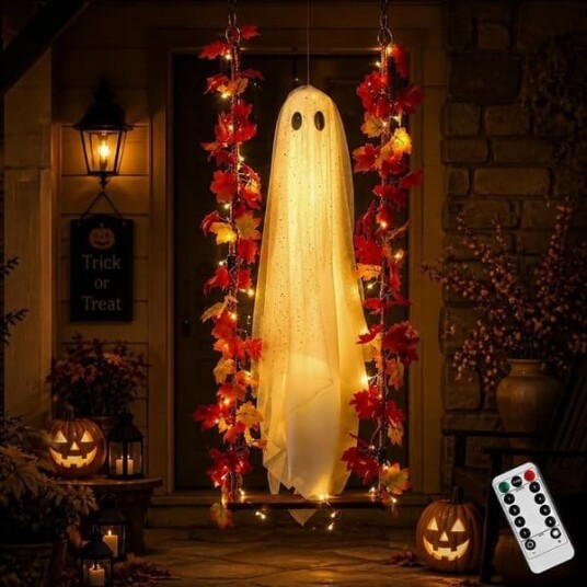 Halloween Hengende Spøkelse på Huske med Lønnebladkrans 150 cm