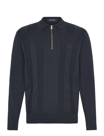 Fred Perry Tonal Stripe Knitted Shirt Navy M