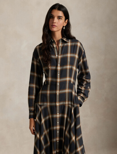 Polo Ralph Lauren Plaid Twill Paneled Shirtdress - Brown - 32