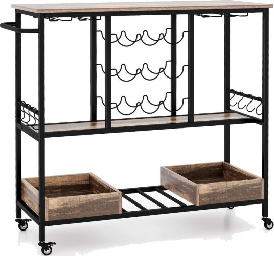 108 x 40 x 91 cm 3-lags kjøkkenvogn med hjul & Glassholdere & Vinstativ & Krok serveringsvogn vogn grå 108 x 40 x 91 cm 3-lags kjøkkenvogn med hjul & Glassholdere & Vinstativ & Krok serveringsvogn vogn grå