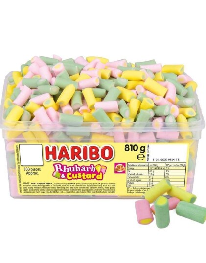 300 stk Haribo Rhubarb and Custard Myke Godterier med Vanilje og Rabarbrasmak 810 gram