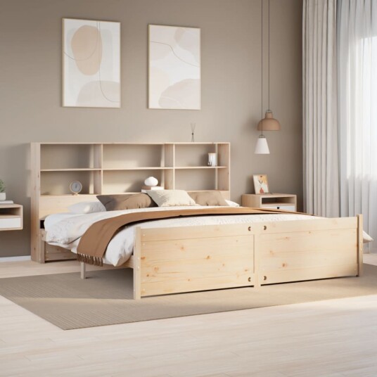 Seng med bokhylle uten madrass 200x200 cm heltre furu 3322479