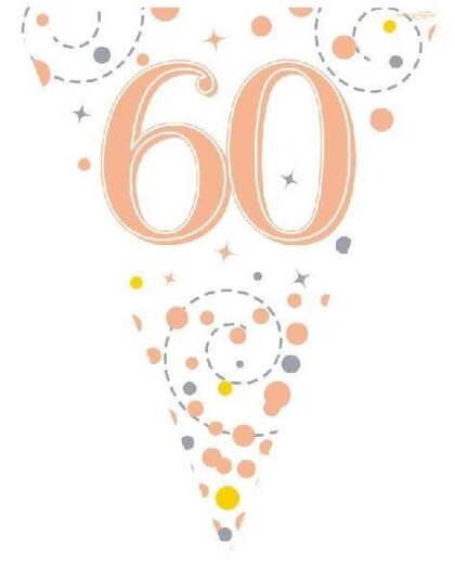 60 års Feiring Hvit og Rosegullfarget Banner med 11 Flagg 3,9 Meter