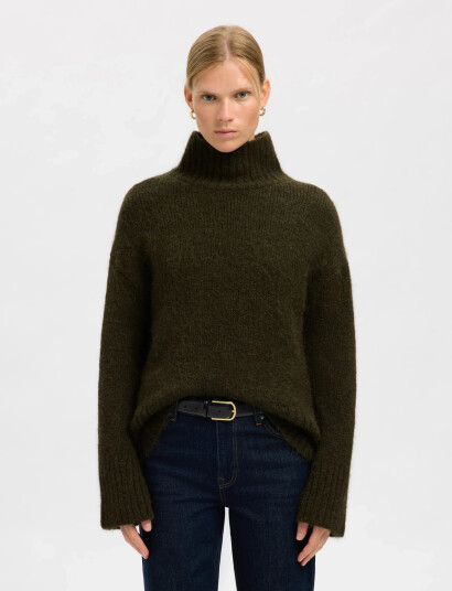 Selected Slfgabriella Ls Knit High Neck Noos - Khaki green - XXL
