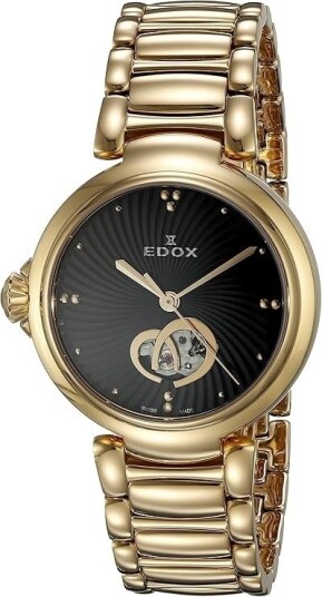 Edox Dameklokke 85025 37RM NIR LaPassion Sort/Rose gulltonet stål