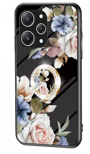 INCOVER Xiaomi Redmi 12 Plast Deksel m. Glass Baksida & Fingerring - Blomstertrykk - Svart