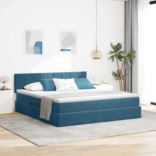Seng med Oppbevaring med madrass Mørkeblå 160 x 200 cm Fløyel Seng med Oppbevaring med madrass Mørkeblå 160 x 200 cm Fløyel