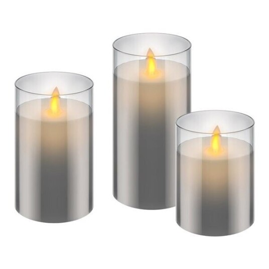 Goobay 3-pakning LED-lys av ekte voks i glass grå-transparent inkl. 10x AAA LR03 med timerfunksjon og pendelveke batteridrevet varmhvit 2700 K