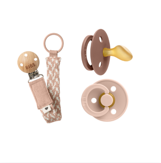 BIBS Pacifier Colour 2 PACK Woodchuck/Blush Size 3 + Pacifier Clip Braided Blush/Ivory Onesize Bundle