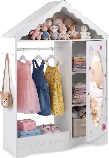 Barnegarderobe med speil – Rosa/hvitt husdesign