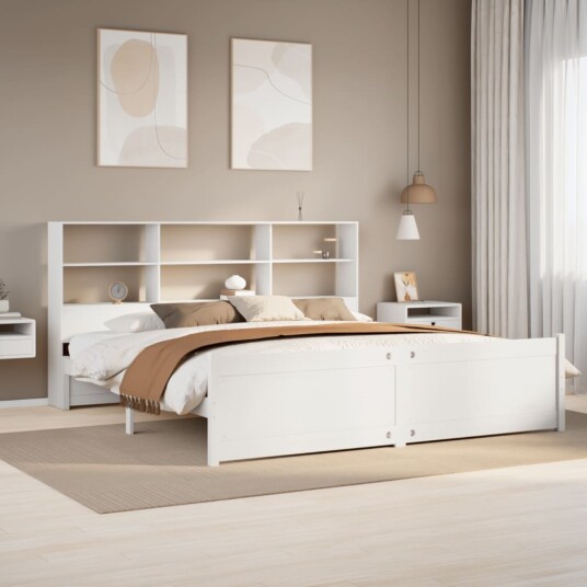 Seng med bokhylle uten madrass hvit 180x200 cm heltre furu 8721158612656