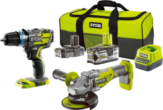 Ryobi Verktøysett Vinkelsliper R18CK2BL-252S ONE+ + Slagbor Med Batteri (18 v)