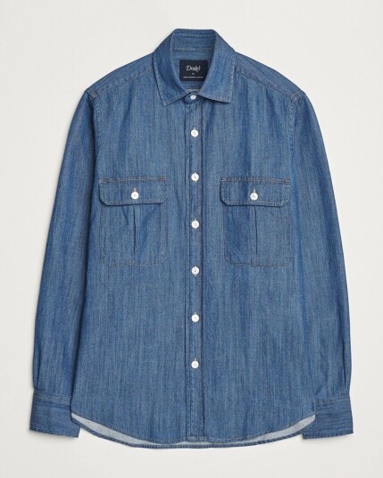 Drake's Denim Cotton Two Pocket Work Shirt Blue
