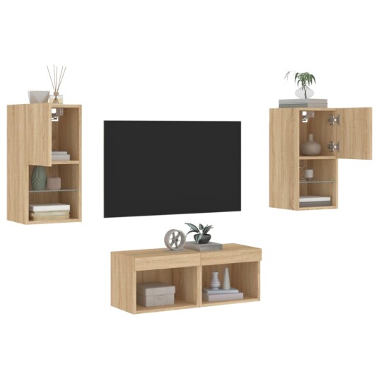 vidaXL Vegghengte TV-benker med LED 4 stk sonoma eik 8721012469860