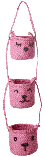 Rice Raffia 3-Tier Hanging Storage with Animal Faces Pink Rice Raffia 3-Tier Hanging Storage with Animal Faces Pink