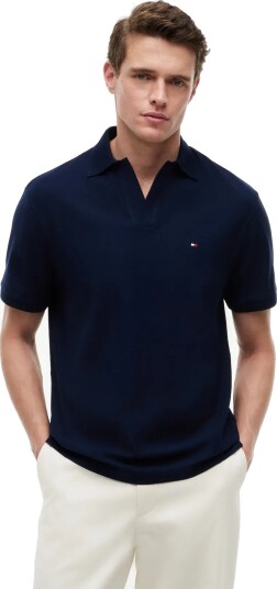 Tommy Hilfiger V Neck Crepe Classic Polo   Navy   S