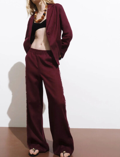 Mango Linen Suit Trousers With Frayed Ends - Burgundy - XS