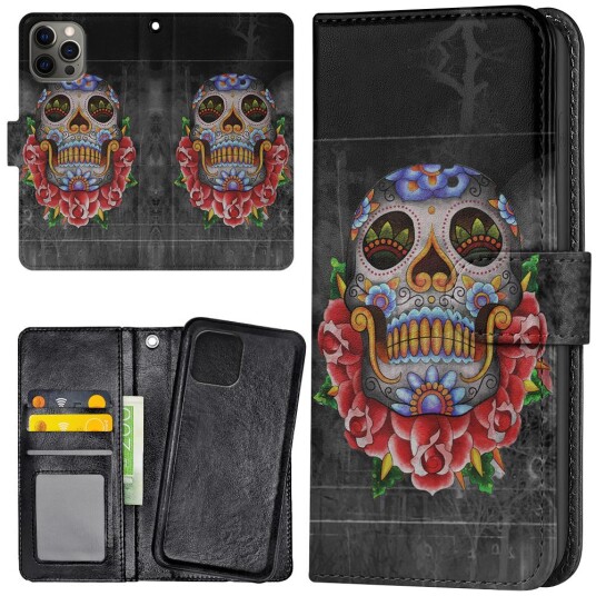 Generic Iphone 13 Pro Max - Lommebok Deksel Blomster Dødningehode