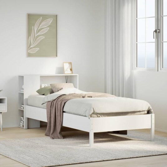 Seng med bokhylle uten madrass hvit 75x190 cm heltre furu 3322856