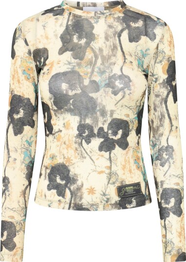 GANNI Printed Marl Mesh Long Sleeve Top Cream 34