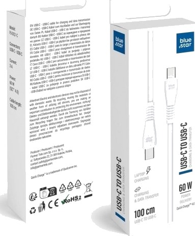Holmes Bluestar Usb-C Til Usb-C-Kabel 3A 60W Qc4.0 1 M Hvit