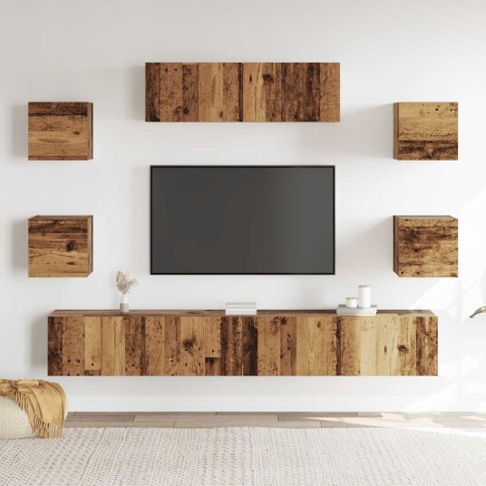  TV-skapsett 7 deler veggmontert gammelt tre konstruert tre 8721158761033